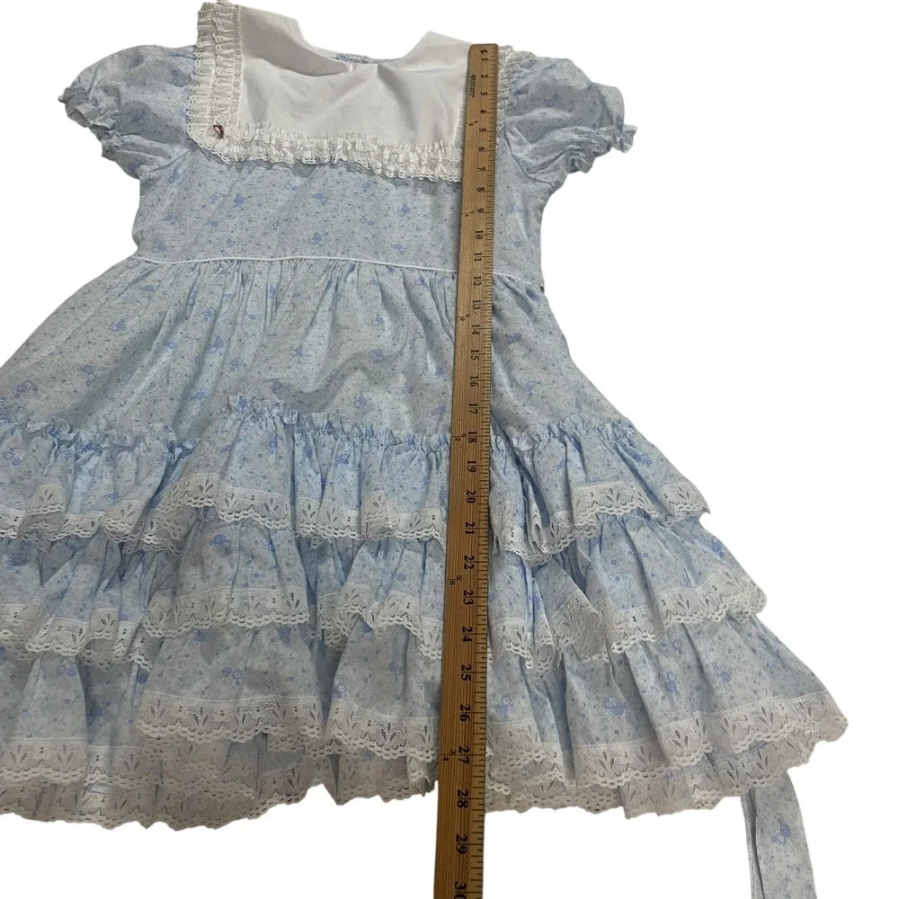 Vintage Golden Age Formal Dress Size 8 Blue & White‎ Ruffled Lace Round Tiered